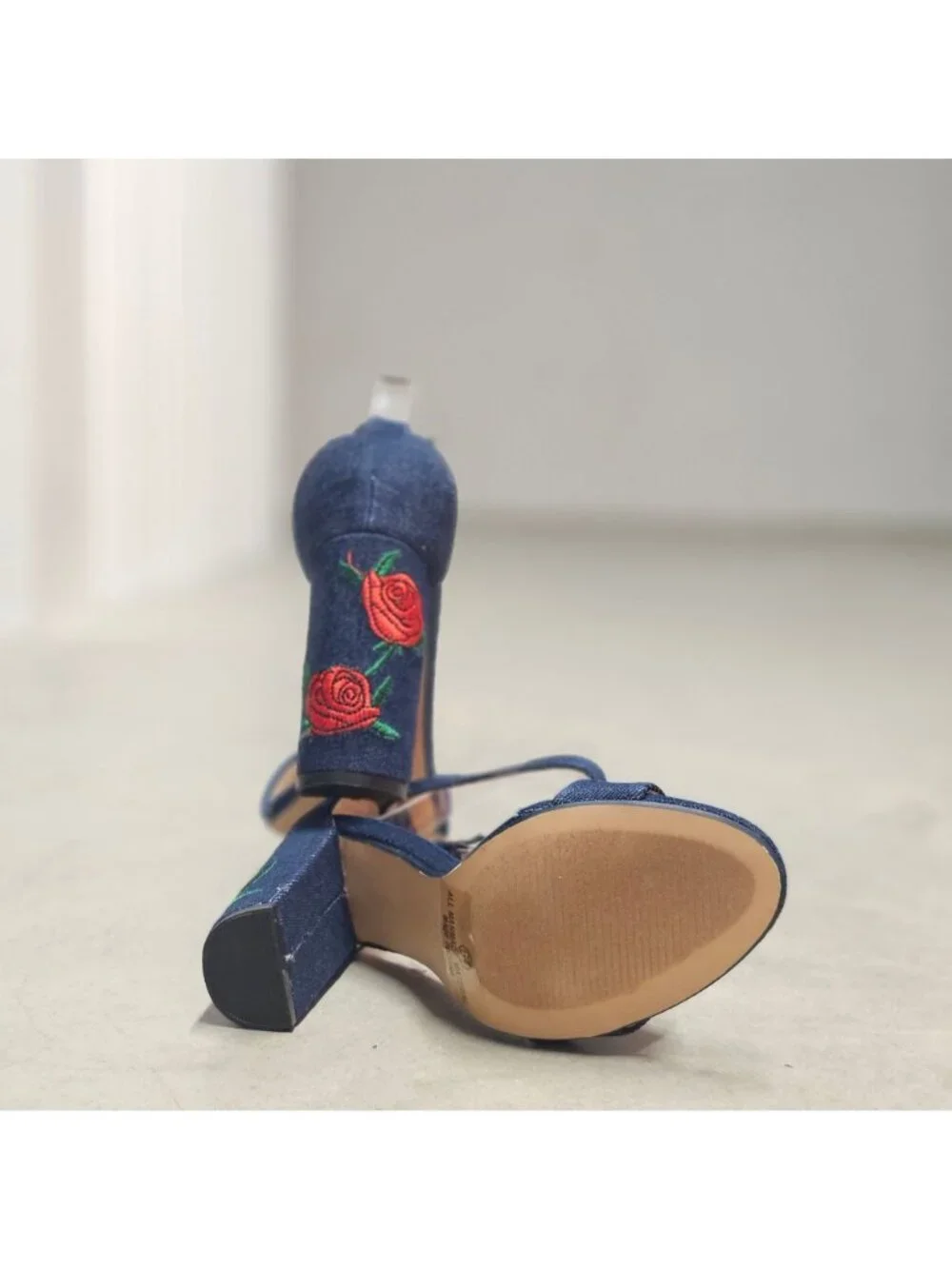 Denim Block Heels With Embroidered Red Rose Design & Adjustable Ankle Strap - Wo